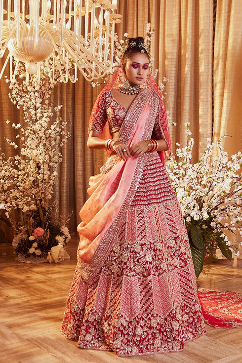 Scarlet Red Silk and Organza Lehenga Set